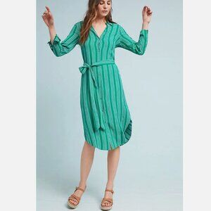 Maeve by Anthropologie Size 6 Martina Green White Striped Belted Shirt Dress